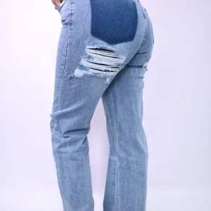Patchwork Distressed High-Waist Straight Jeans G89Y